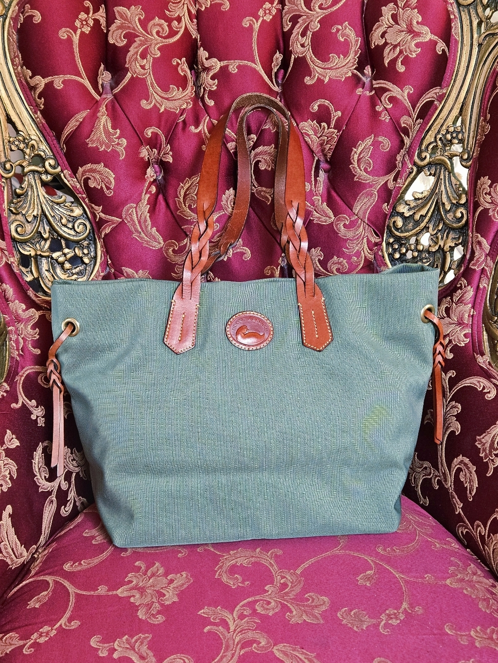 Dooney & Bourke Teal Canvas Tote with Brown Leather Trim
